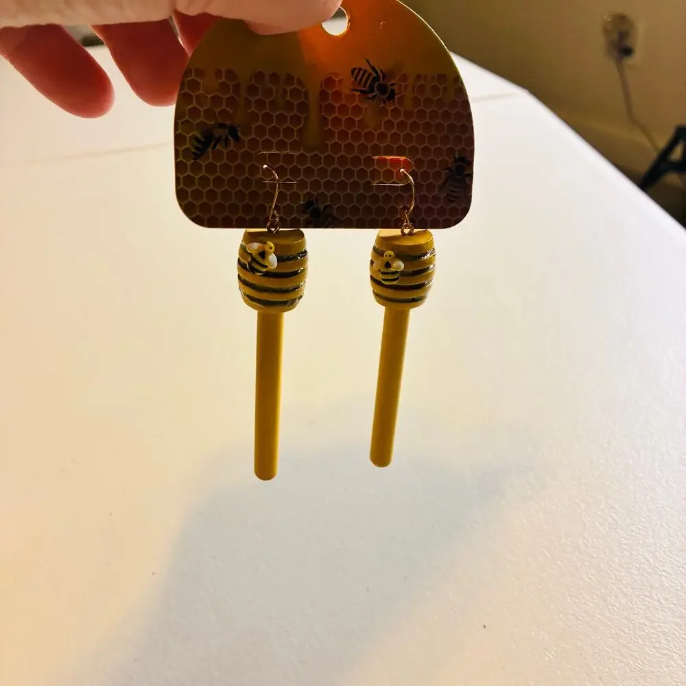 Bee Honey Dipper Dangle Earrings Wooden Honeycomb Beehive Cottagecore Farmhouse